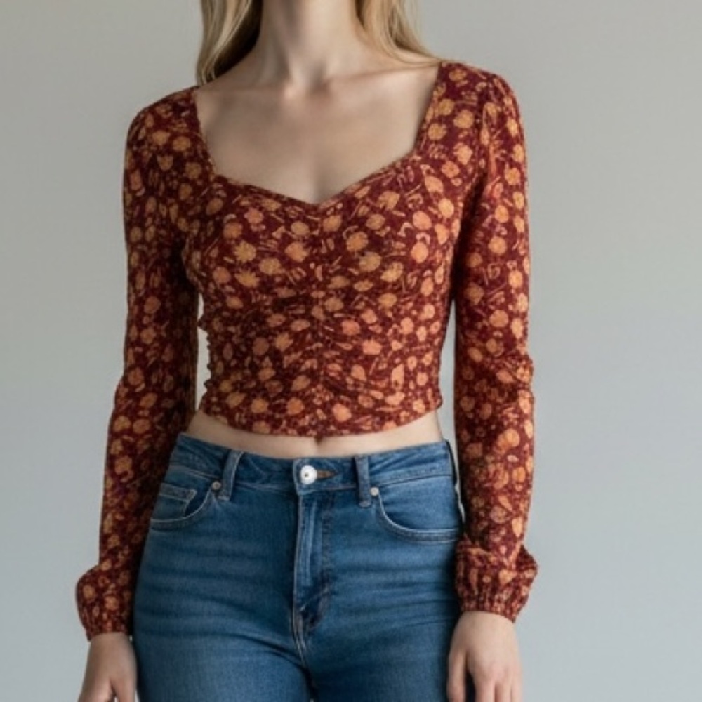 Altar’d State Floral Boho Peasant Balloon Long Sleeve Crop Top Blouse Size Small